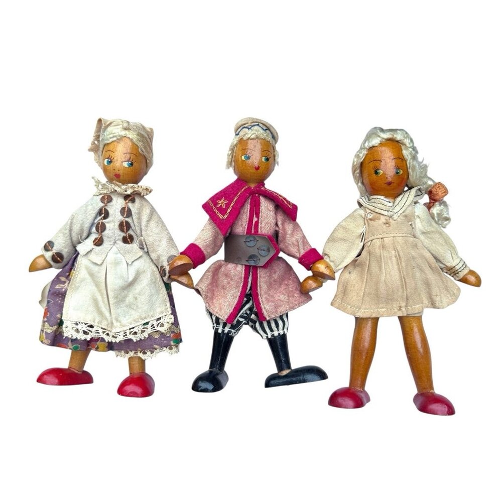 Vintage Polish Wooden Peg Dolls Joli Folk Art Lot of 3 Euro Cottage‎ Core 7 inch
